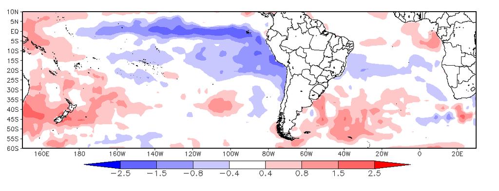 No oceano Atlântico Sudoeste próximo à costa do Rio Grande do Sul e Uruguai permanece com anomalia positiva,