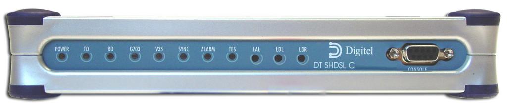 Painéis/Conexões PAINEL FRONTAL DO MODEM DT SHDSL C O painel frontal do modem contém leds indicadores do status de alimentação do modem e dos circuitos de interface digital e chaves de controle de