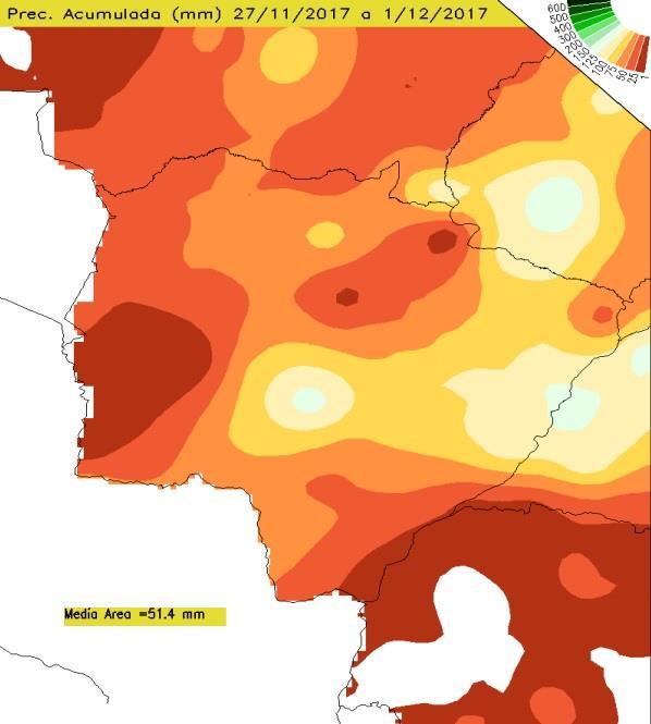 Precipitação Pluviométrica Acumulada para o Mato Grosso do Sul Entre os dias 27 de novembro a 01 de dezembro de 2017, verifica-se, na figura 1, que ocorreram precipitações em todo estado variando
