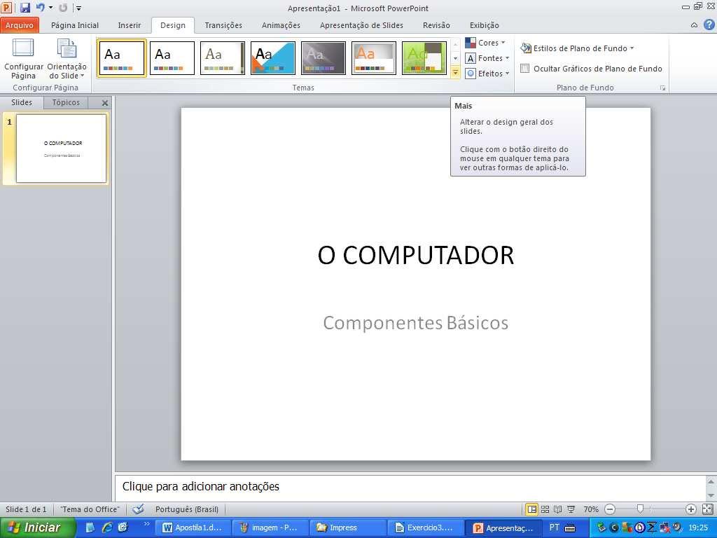 1. Digitar TÍTULO e SUBTÍTULO Criando uma Apresentação a) Abra o PowerPoint (botão INICIAR do Windows / Todos os Programas /