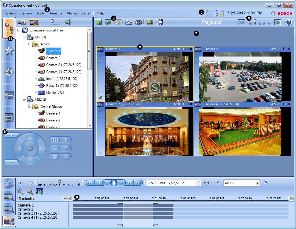 46 pt Interface do utilizador Bosch Video Management System 1 Barra de menu Permite-lhe seleccionar um comando de menu. 2 Barra de ferramentas Exibe os botões disponíveis.