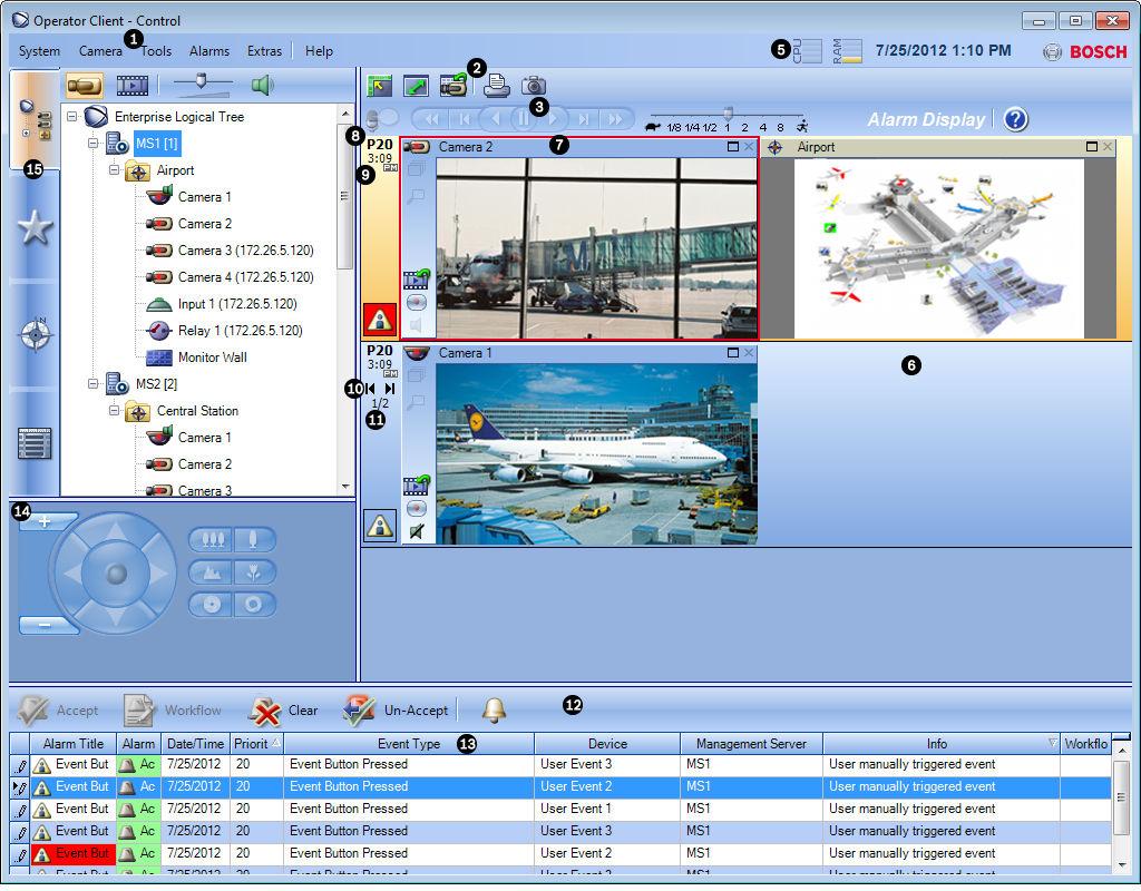 Bosch Video Management System Interface do utilizador pt 49 1 Barra de menu Permite-lhe seleccionar um comando de menu. 2 Barra de ferramentas Exibe os botões disponíveis.