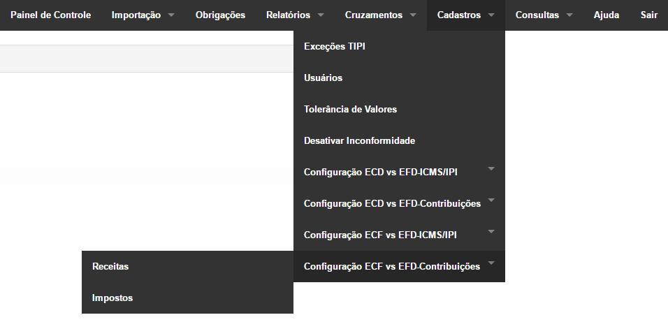 Configuração ECF vs EFD-Contribuições Objetivo: este item do menu Cadastros apresenta as opções que permitem configurar as informações necessárias para a busca correta dos dados nos respectivos