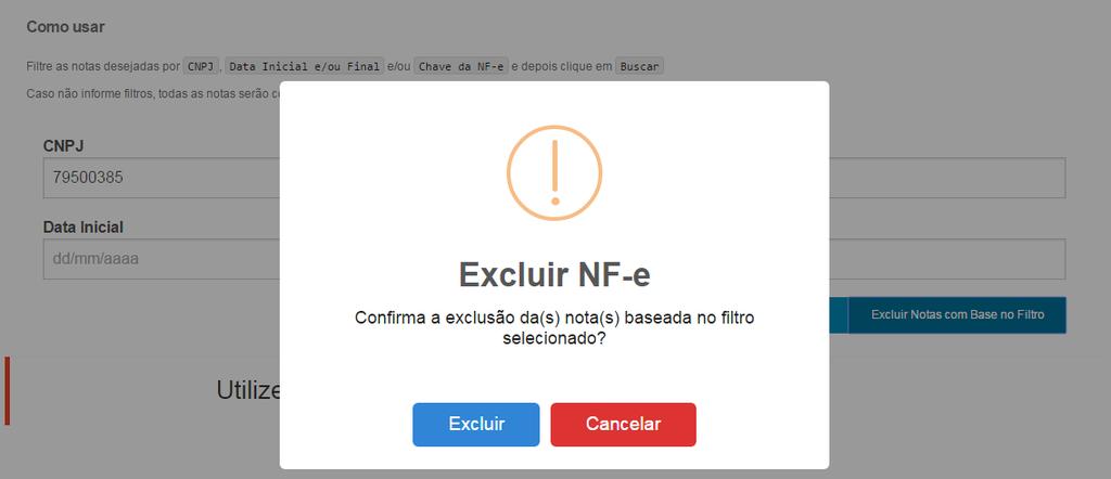 Campo CNPJ: informar o número do CNPJ para localizar as notas fiscais, ou deixar o campo em branco para considerar todos os CNPJ na consulta.