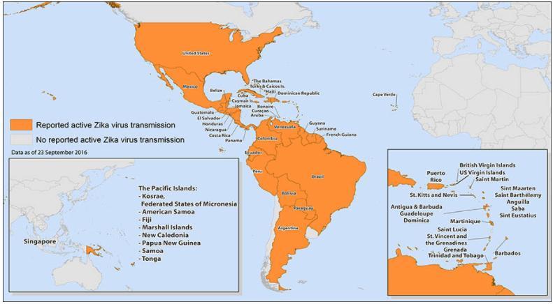Países com transmissão de Zika vírus por picada de mosquito. 25/09/2016.