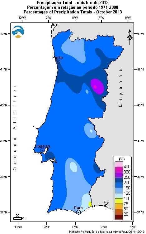 PRECIPITAÇÃO Os valores da quantidade de precipitação (Figura 4 esq.) foram mais elevados no Norte e Centro, e foram superiores ao normal em quase todo o território (Figura 4 dir.). O mês classifica-se como chuvoso a extremamente chuvoso, exceto no Algarve onde foi normal.