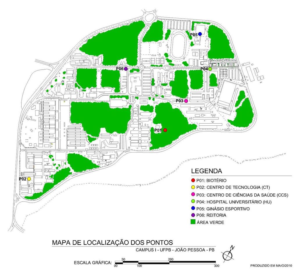 Figura 01: Mapa do Campus I com a localização dos pontos de medição e das massas arborizadas mais densas. 2.