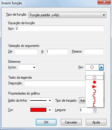 Figura 8: inserir função com ajustes na variação do argumento; extremos e propriedades. Agora, selecione OK e vai aparecer o gráfico da primeira sentença da função (figura 9).