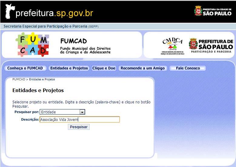 aspx Clique em Entidades e Projetos Pesquise por Entidade e