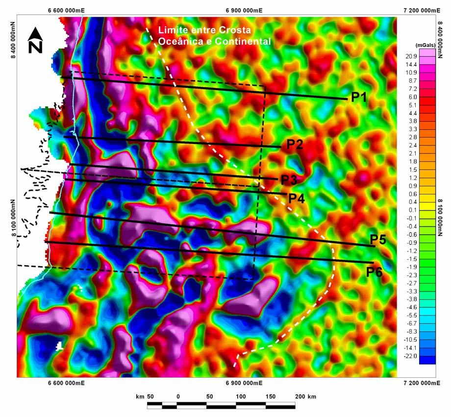 Figura 35 Mapa de Anomalia Bouguer Filtrado Passa Banda 20 150 km (Policônica SAD69) incluindo a localização dos perfis gravimétricos modelados, P1 a P6.