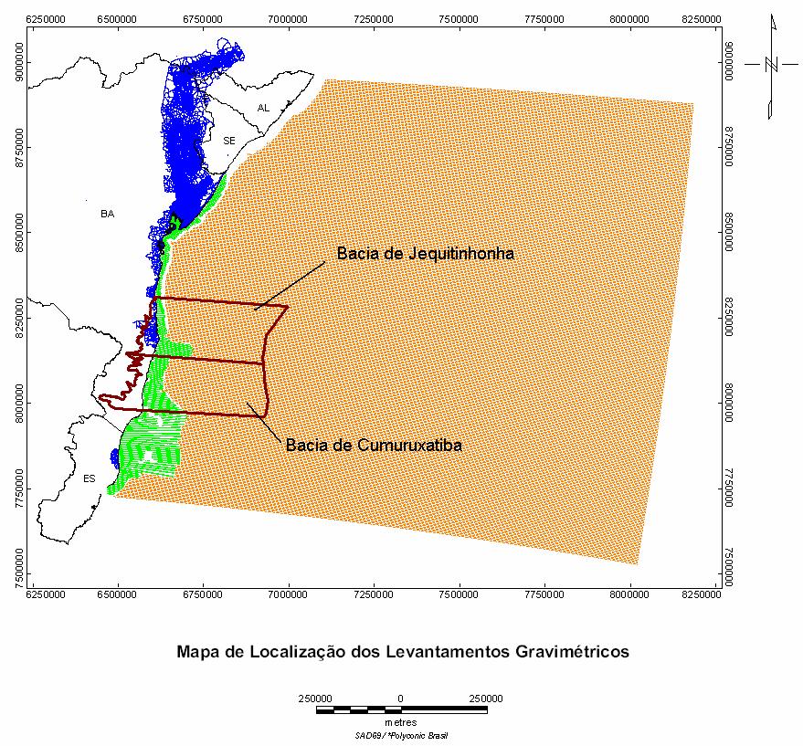 Figura 24 Encontram-se, respectivamente, em verde e azul os levantamentos gravimétricos marítimo (EG13) e terrestre (Gravter Bahia) realizados pela Petrobrás.