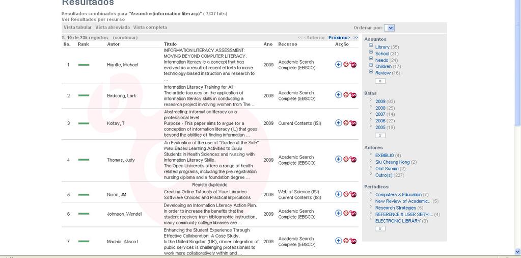 Atenção: O número de hits não corresponde ao número de referências descarregadas, mas