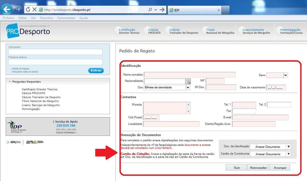 ficheiro com a digitalização do Bilhete de Identidade ou Cartão de