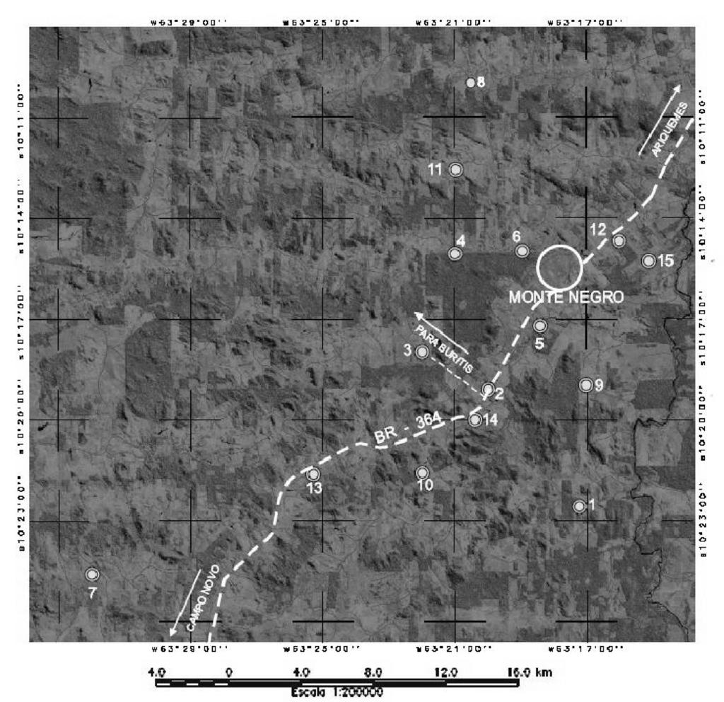 Mapa 3 Foto de satélite mostrando as propriedades Monte Negro / RO. Map 3 Satellite picture showing the properties of Monte Negro/RO.