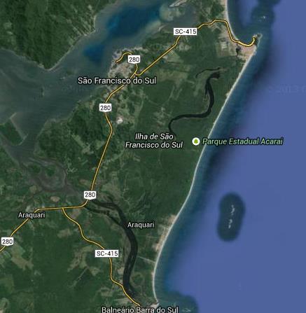 Figura 1: Localização do Parque Estadual Acaraí, na ilha de São Francisco do Sul, SC. (Fonte: Google Maps) 3.