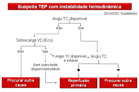 Conforme as diretrizes internacionais, a principal indicação de trombólise para o paciente com diagnóstico confirmado de TEP aguda, é a presença de instabilidade hemodinâmica caracterizada como