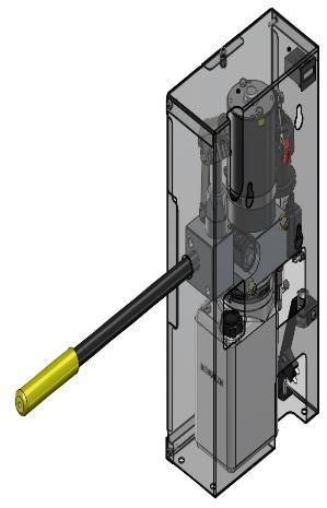 Para o acionamento da bomba manual deve-se utilizar a alavanca original do produto que se situa dentro da unidade hidráulica: 1) 2) Certifique-se de que a válvula de alívio da unidade hidráulica