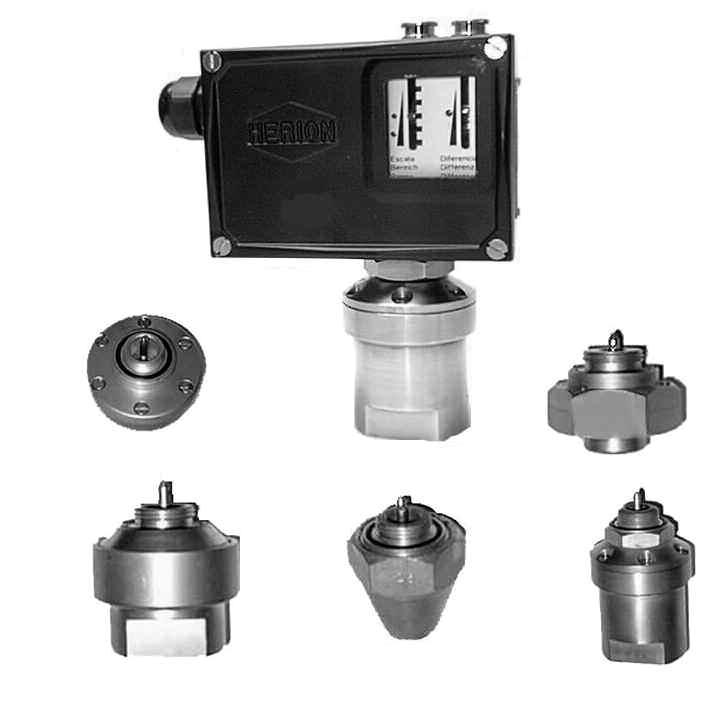 ressostato Série D Informações Gerais da Série Os pressostatos D têm uma caixa padrão de alumínio, com indicação orientativa de ajuste das pressões, e sensor determinado conforme as exigências de