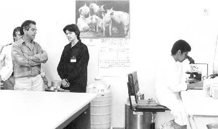 Presidente da Embrapa em 1985, Luiz Carlos Pinheiro Machado, à esquerda, visita laboratório da Unidade