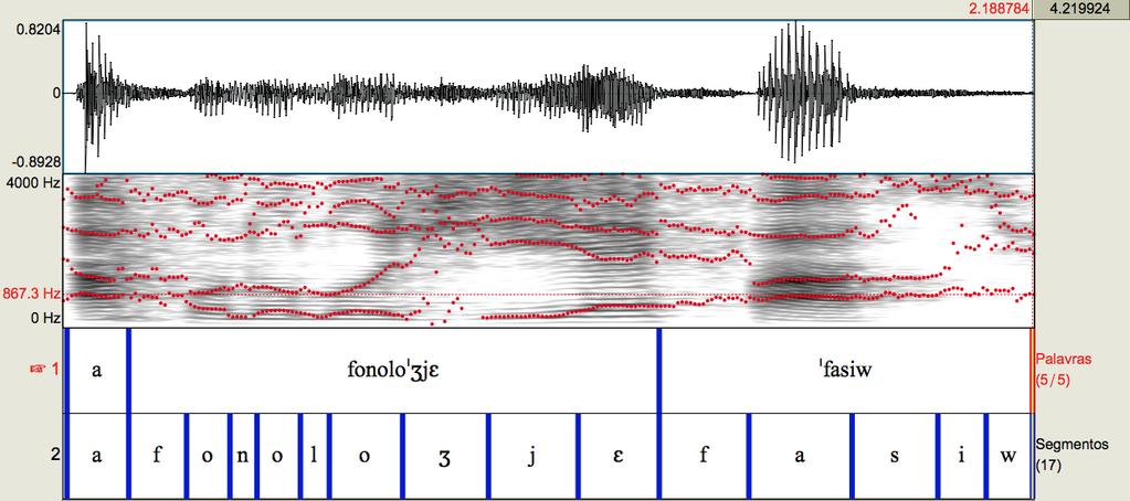 Figura 1: forma de onda e espectograma da sentença a fonologia é fácil (agradeço a Arthur Pereira Santana pela geração do espectograma) Mas uma questão ainda mais delicada se coloca: os sons são