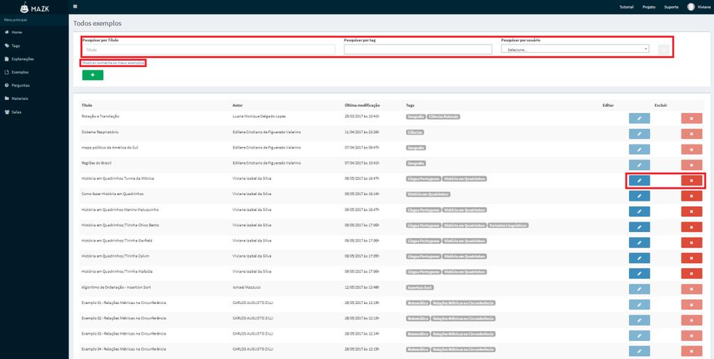 ou usuário, e é possível também visualizar somente os exemplos criados por você, clicando em Mostrar somente os meus exemplos.