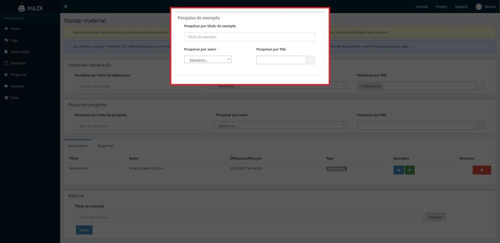Figura 27: Seleção de exemplos. Na página Materiais, você tem as opções de pesquisar por título ou usuário.