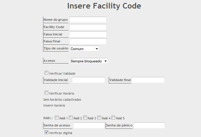 2.7. Facility Code Exibe a lista de Facility Code cadastrados no equipamento.