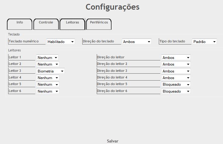 3.3. Leitoras Menu de configuração do tipo das leitoras e seu sentido de acesso.