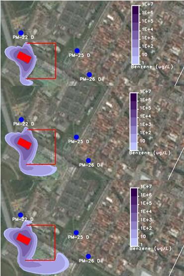 Figura 10a - Figura 31 - Pluma de contaminação do benzeno puro após 5, 10