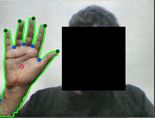 profundidade em relação a borda do fecho convexo, foi calculado os pontos com maior profundidade. Com os dados desta etapa podemos também encontrar o ponto referente ao centro da palma da mão.