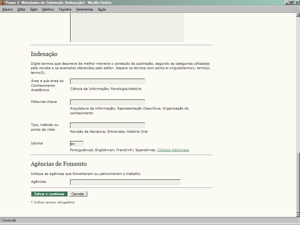 A continuação da página anterior traz os campos que devem ser preenchidos com termos que melhor descrevem o trabalho, segundo as categorias utilizadas pela revista.