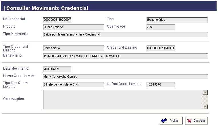 Saída por Levantamento; Saída por Transferência para Credencial.