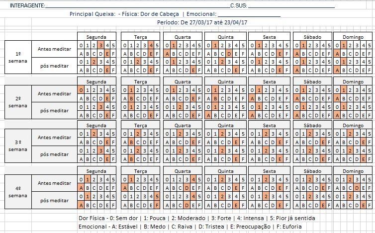 Figura 02 FEIM Ficha de evolução dos inscritos em meditação Fonte: Arquivo pessoal do autor A figura 02 apresenta um modelo da FEIM como exemplo, marcado com cores vermelhas, tanto no aspecto físico