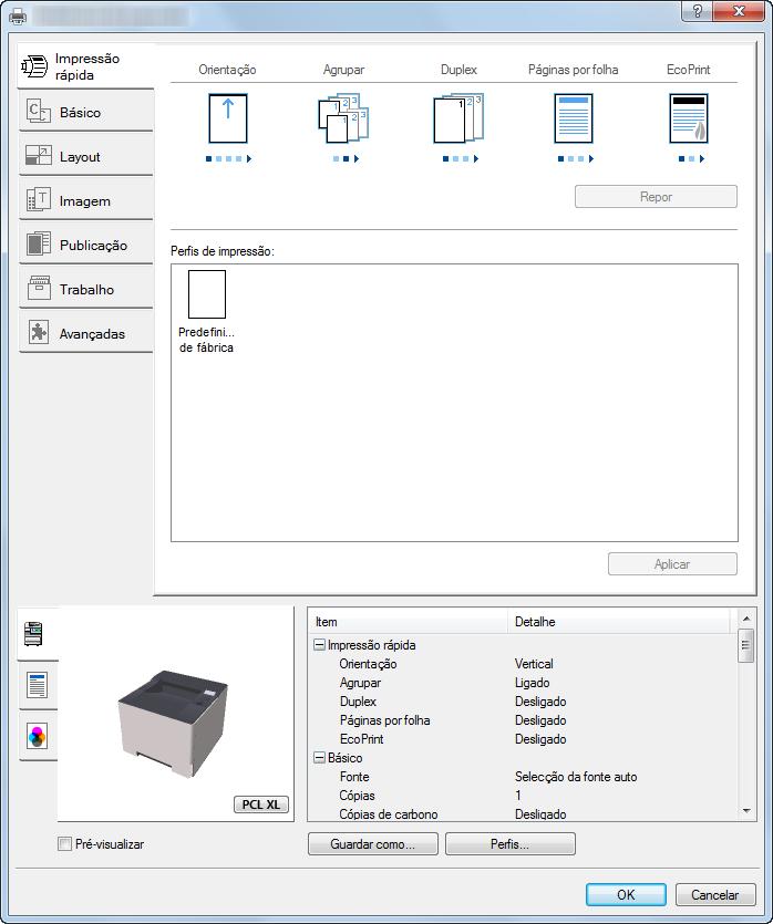 Imprimir a partir do PC > Ecrã de Propriedades do Controlador da Impressora Ecrã de Propriedades do Controlador da Impressora O ecrã de propriedades do controlador da impressora permite-lhe