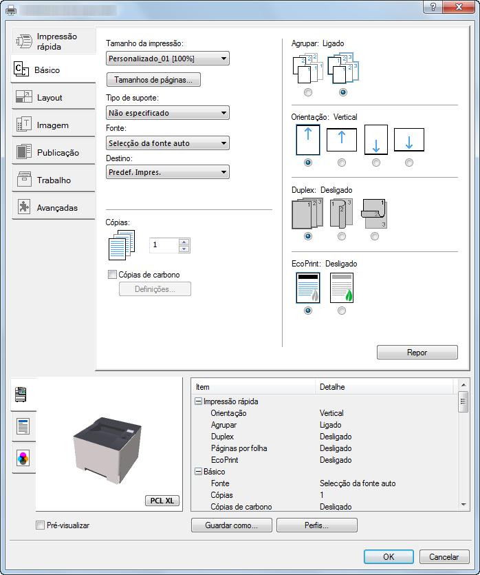 Imprimir a partir do PC > Imprimir a partir de PC 4 Seleccione o tamanho e o tipo de papel de tamanho nãopadronizado. 1 Seleccione a máquina no menu "Impressora" e clique no botão [Propriedades].