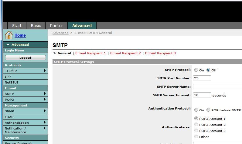 Preparativos antes da utilização O procedimento para especificar as definições de SMTP é explicado de seguida. 1 Clique em Settings -> Advanced -> SMTP -> General.