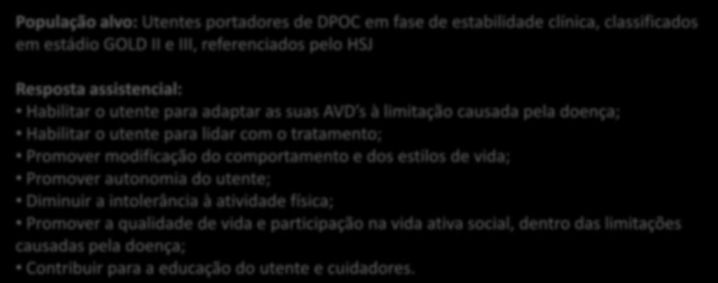 Programa Nacional de Prevenção e Controlo da Doença Pulmonar Obstrutiva Crónica Reabilitação respiratória População alvo: Utentes portadores de DPOC em fase de estabilidade clínica, classificados em