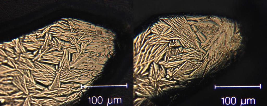 Fig.3) Micrografia óptica da liga Níquel-Titânio M-Wire. Imagem da direita corresponde a uma lima WaveOne ; imagem da esquerda corresponde a uma lima Reciproc. (Pirani et al.