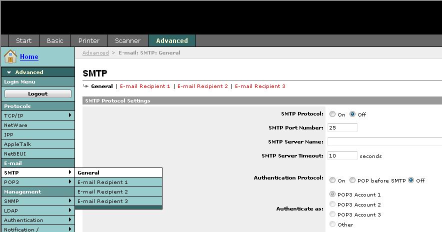 Preparativos antes da utilização > Embedded Web Server RX (Definições para E-mail) Enviar E-mail A especificação das definições de SMTP permite o envio das imagens carregadas na máquina como anexos