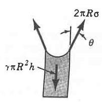A altura da coluna de líquido h é função: Dos valores da tensão superficial (sigma). Do raio do tubo R. Do peso específico do líquido (gama) (kn/m 3 ).