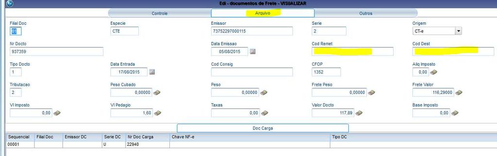 ERRO: NOTA FISCAL VINCULADA A OUTRO DOCUMENTO DE FRETE A nota fiscal informada