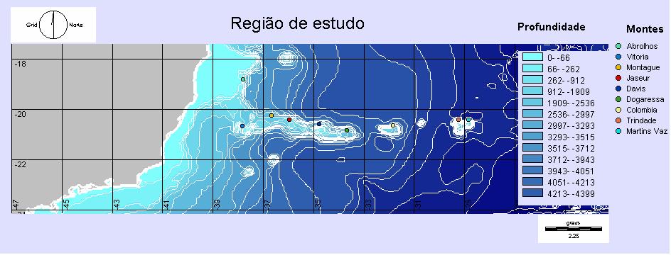 Figura 1. Região de estudo Cadeia Vitória-Trindade, montes submarinos e perfil batimétrico.