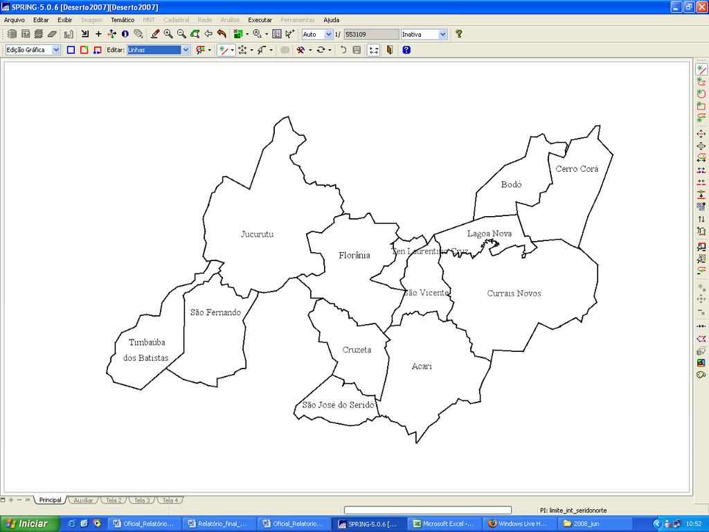Figura 2: Mapa dos municípios (limites) analisados na região do Seridó - RN 4 RESULTADOS E ANÁLISE Os resultados obtidos através da pesquisa podem ser visualizados no mapeamento realizado (figuras