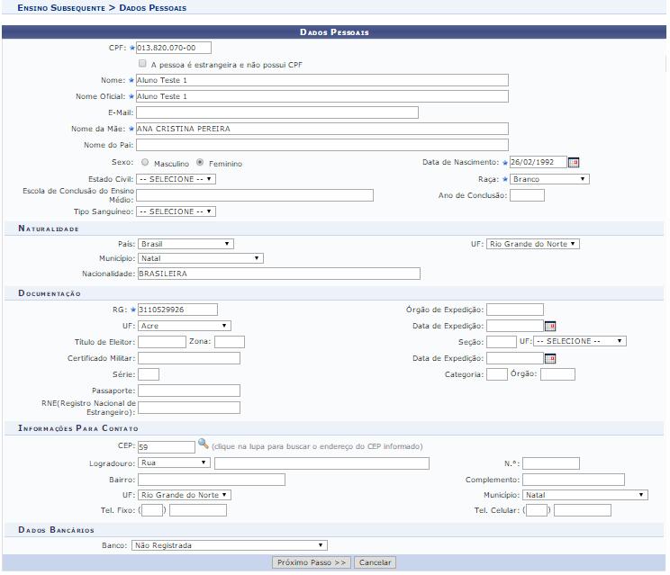 Após preencher os dados do discente, segue para o próximo passo que é vincular o discente a um Curso, Currículo, Turma de Entrada, forma de ingresso e ao regime do aluno.