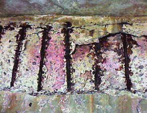 Figura 3 - Corrosão com perda de seção das armaduras de viga com indicação da não penetração do gás carbônico na estrutura (cor rosa, após a aspersão da fenolftaleína) ral, devido à grande perda de