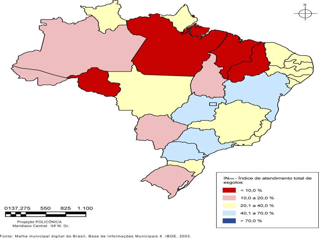 Índice de atendimento por rede de coleta de esgotos (indicador IN 056), segundo os estados brasileiros Situação da coleta e do tratamento dos