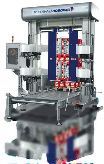 Máquina totalmente automática para embalar cargas paletizadas através de uma faixa horizontal de filme extensível.