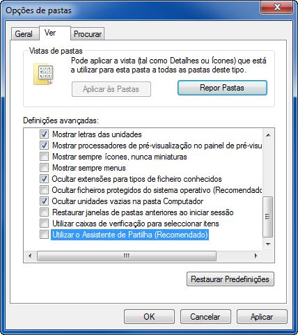A partir do menu Iniciar, seleccione Painel de Controlo, Aspecto e Personalização, e, de seguida, Opções de Pastas. Windows XP, clique em O Meu Computador e seleccione Opções de Pastas em Ferramentas.