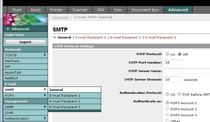 Preparativos antes da utilização > Embedded Web Server (Definições para o E-mail) Enviar E-mail A especificação das definições de SMTP permite o envio das imagens carregadas na máquina como anexos de