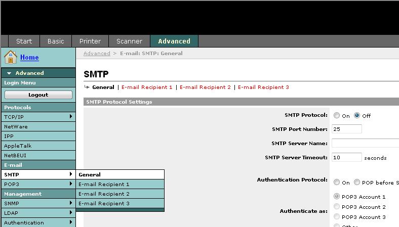 Preparativos antes da utilização Definição de E-mail A especificação das definições de SMTP permite o envio das imagens digitalizadas por esta máquina como anexos de E-mail.